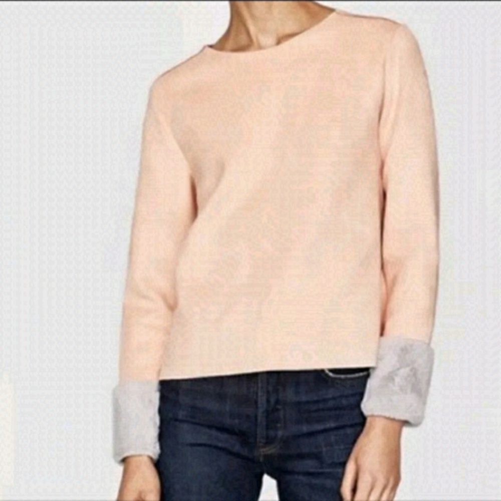 NWT Zara Faux Suede Pink Long Sleeve Top with Grey Faux Fur Cuff